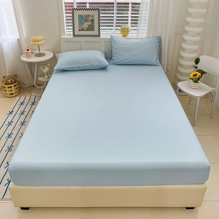 91家纺网 家纺一手货源 找家纺 朵朵家纺 2025新款水洗双层纱纯色糖果色床笠跨境系列（床垫保护套） 天蓝
