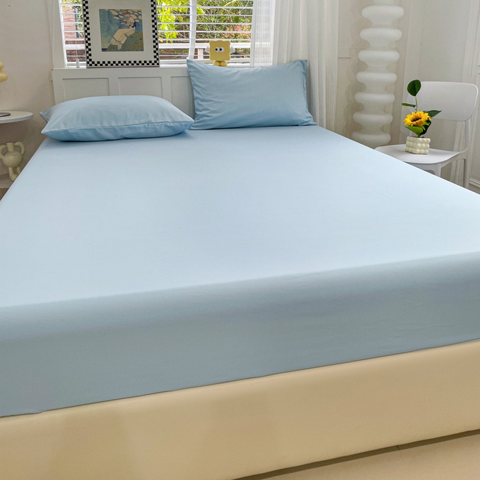 91家纺网 家纺一手货源 找家纺 朵朵家纺 2025新款水洗双层纱纯色糖果色床笠跨境系列（床垫保护套） 天蓝