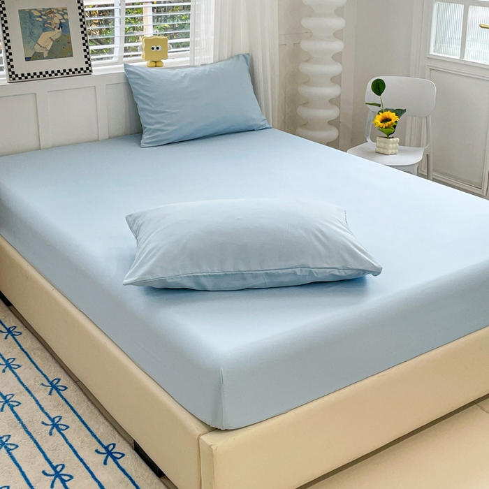 91家纺网 家纺一手货源 找家纺 朵朵家纺 2025新款水洗双层纱纯色糖果色床笠跨境系列（床垫保护套） 天蓝