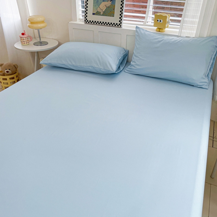 91家纺网 家纺一手货源 找家纺 朵朵家纺 2025新款水洗双层纱纯色糖果色床笠跨境系列（床垫保护套） 天蓝