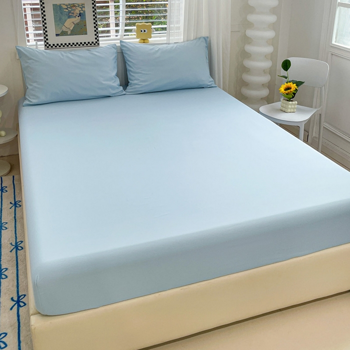 91家纺网 家纺一手货源 找家纺 朵朵家纺 2025新款水洗双层纱纯色糖果色床笠跨境系列（床垫保护套） 天蓝