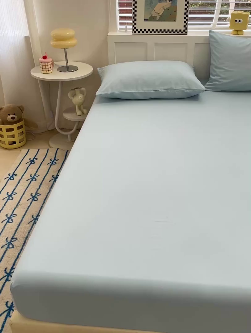 91家纺网 家纺一手货源 找家纺 朵朵家纺 2025新款水洗双层纱纯色糖果色床笠跨境系列（床垫保护套） 天蓝