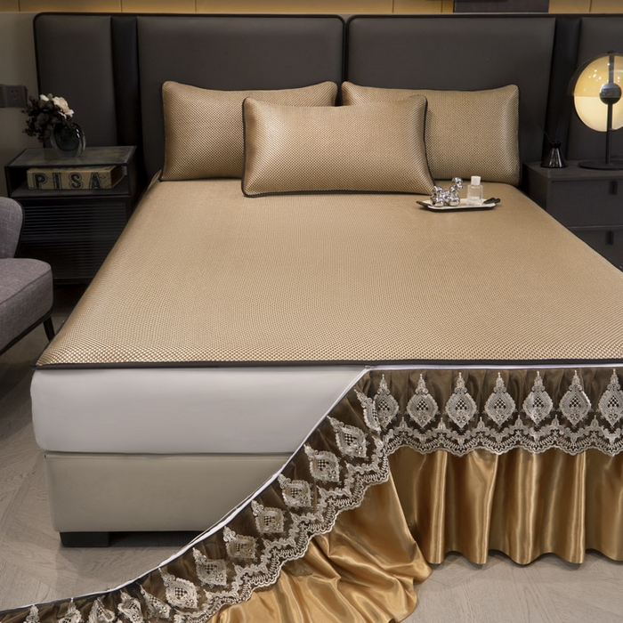 91家纺网 家纺一手货源 找家纺 恋尚 2025新款可拆卸床裙款冰藤凉席 冰藤床裙凉席- 柏姬金槟(控价198起)