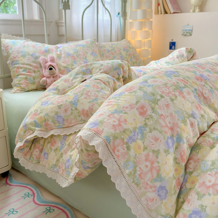 91家纺网 家纺一手货源 找家纺 （总）曼之夏 2025新款小清新全棉双层纱四件套