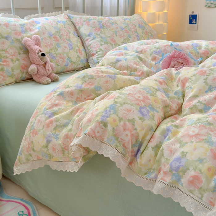 91家纺网 家纺一手货源 找家纺 （总）曼之夏 2025新款小清新全棉双层纱四件套