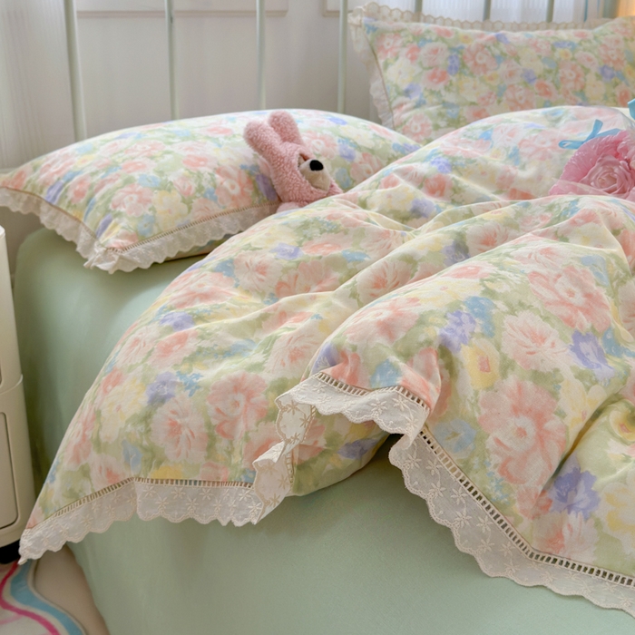 91家纺网 家纺一手货源 找家纺 （总）曼之夏 2025新款小清新全棉双层纱四件套