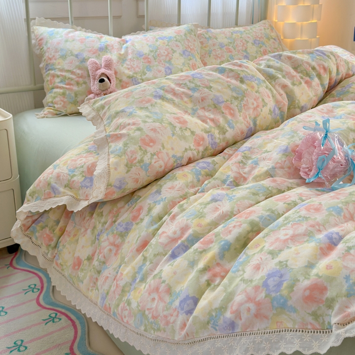 91家纺网 家纺一手货源 找家纺 曼之夏 2025新款小清新全棉双层纱四件套 半岛红茶