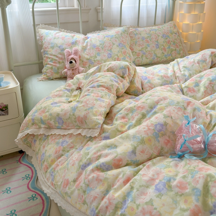 91家纺网 家纺一手货源 找家纺 曼之夏 2025新款小清新全棉双层纱四件套 半岛红茶