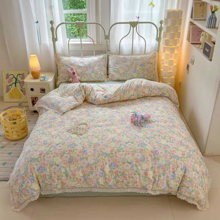 91家纺网 家纺一手货源 找家纺 曼之夏 2025新款小清新全棉双层纱四件套 半岛红茶