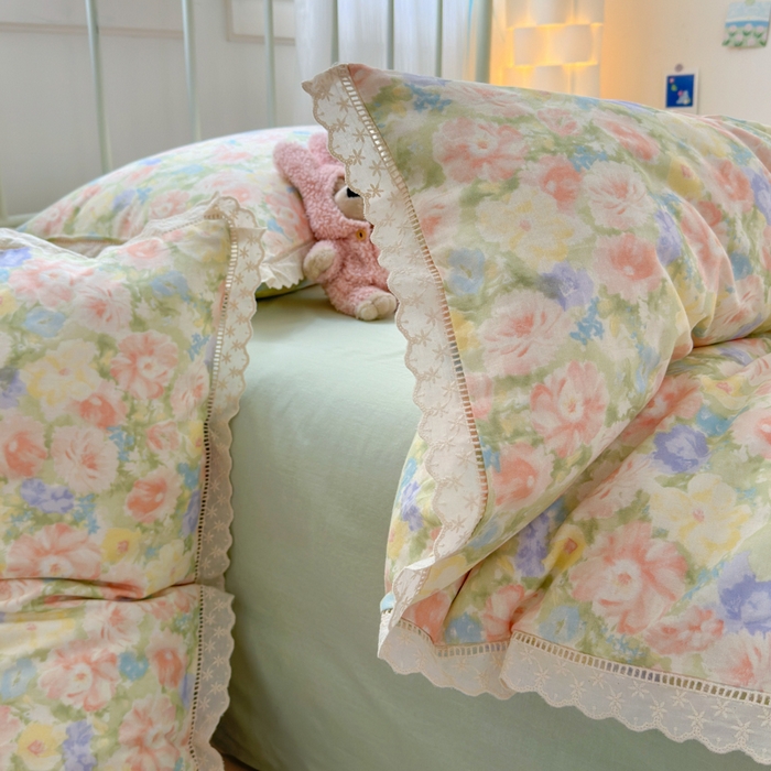 91家纺网 家纺一手货源 找家纺 曼之夏 2025新款小清新全棉双层纱四件套 半岛红茶