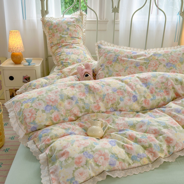 91家纺网 家纺一手货源 找家纺 曼之夏 2025新款小清新全棉双层纱四件套 半岛红茶