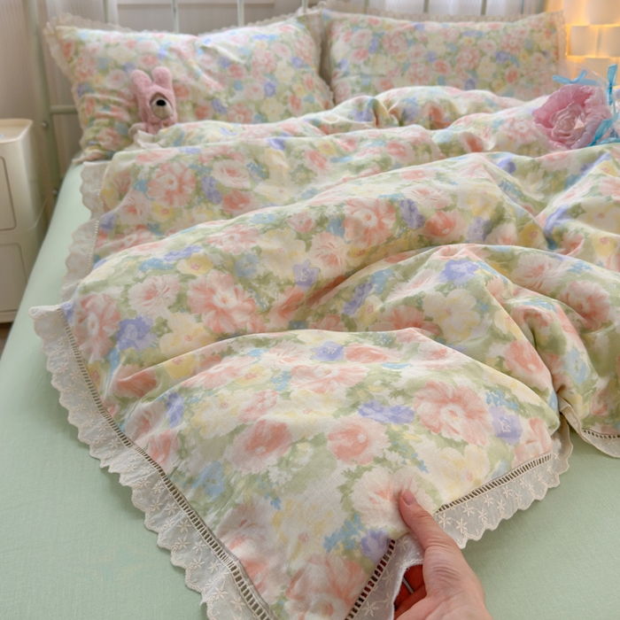 91家纺网 家纺一手货源 找家纺 曼之夏 2025新款小清新全棉双层纱四件套 半岛红茶