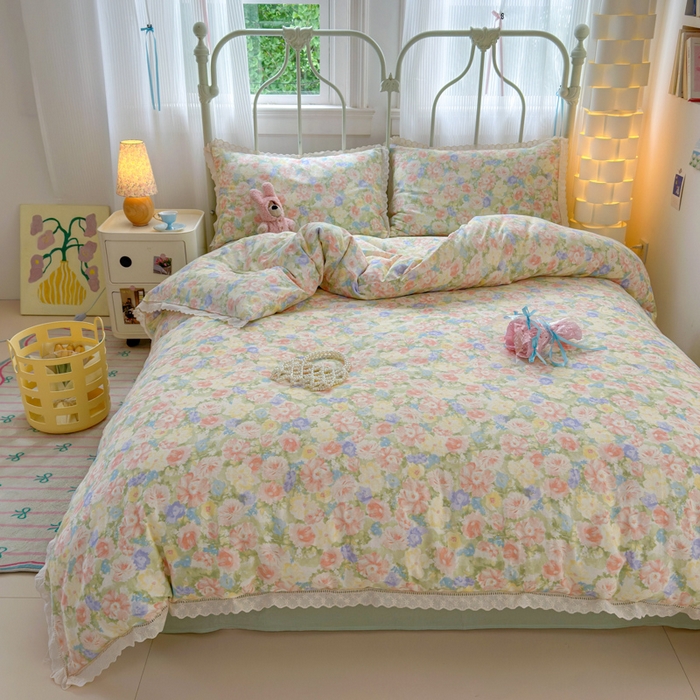 91家纺网 家纺一手货源 找家纺 曼之夏 2025新款小清新全棉双层纱四件套 半岛红茶