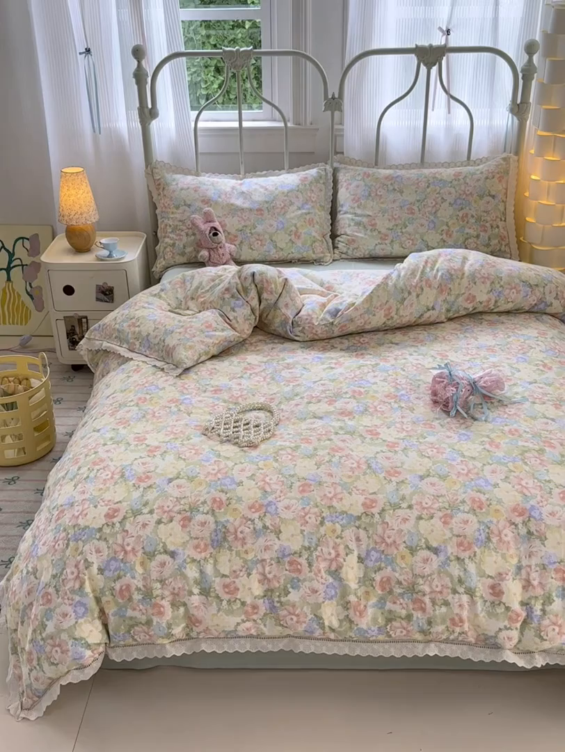 91家纺网 家纺一手货源 找家纺 曼之夏 2025新款小清新全棉双层纱四件套 半岛红茶