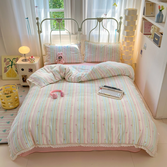 91家纺网 家纺一手货源 找家纺 曼之夏 2025新款小清新全棉双层纱四件套 彩虹樱桃