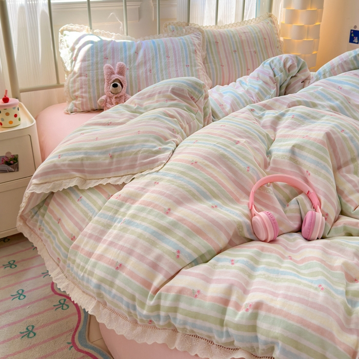 91家纺网 家纺一手货源 找家纺 曼之夏 2025新款小清新全棉双层纱四件套 彩虹樱桃