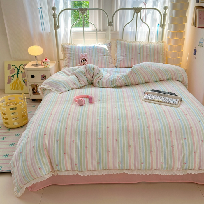 91家纺网 家纺一手货源 找家纺 曼之夏 2025新款小清新全棉双层纱四件套 彩虹樱桃