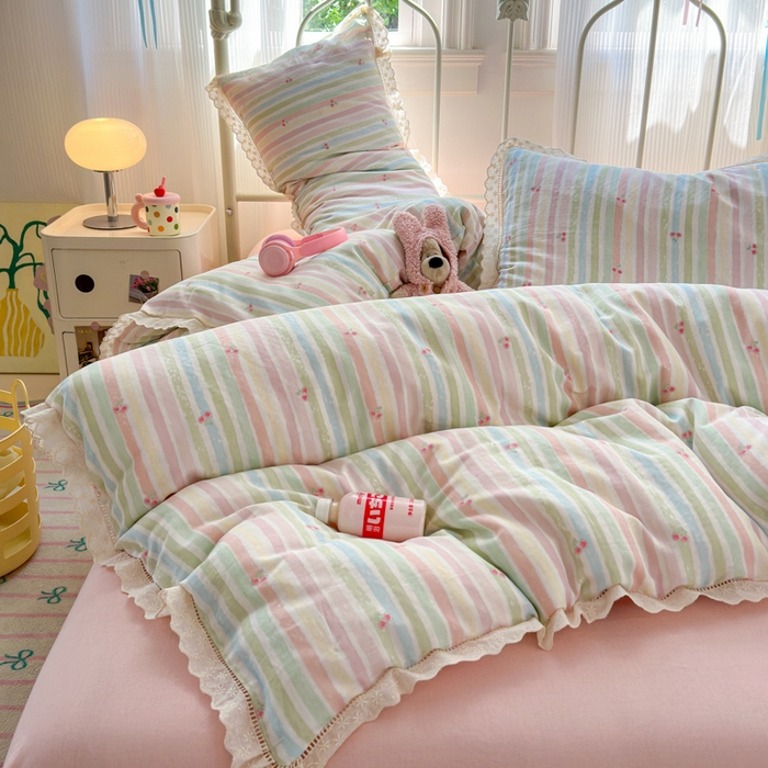 91家纺网 家纺一手货源 找家纺 曼之夏 2025新款小清新全棉双层纱四件套 彩虹樱桃