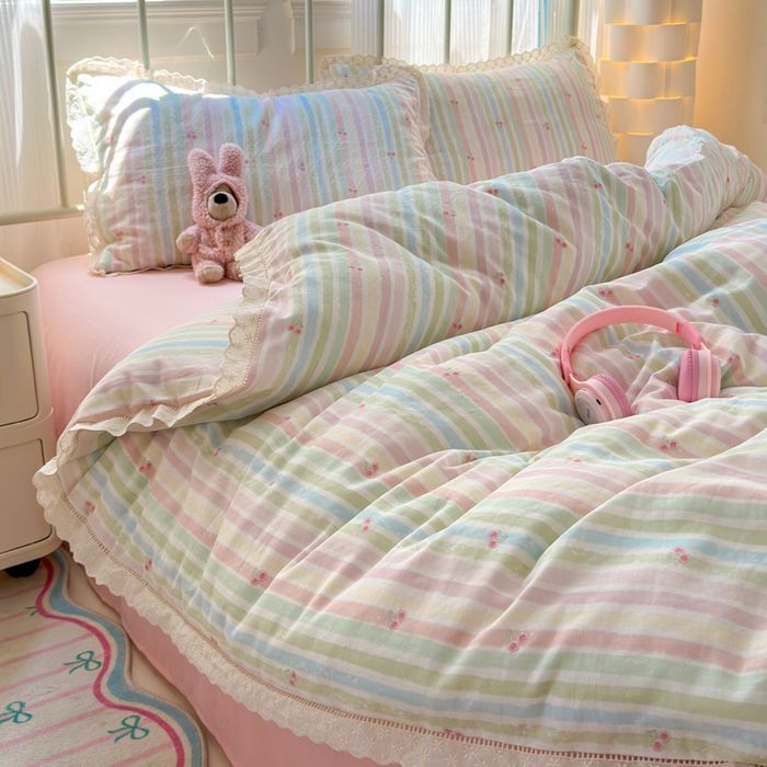 91家纺网 家纺一手货源 找家纺 曼之夏 2025新款小清新全棉双层纱四件套 彩虹樱桃