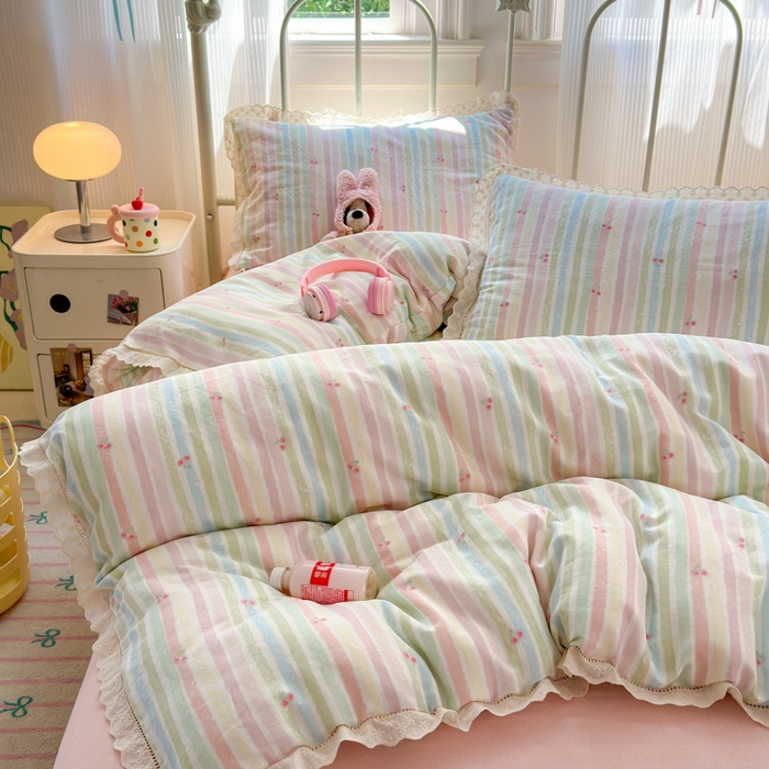 91家纺网 家纺一手货源 找家纺 曼之夏 2025新款小清新全棉双层纱四件套 彩虹樱桃