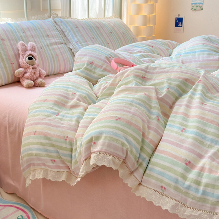 91家纺网 家纺一手货源 找家纺 曼之夏 2025新款小清新全棉双层纱四件套 彩虹樱桃