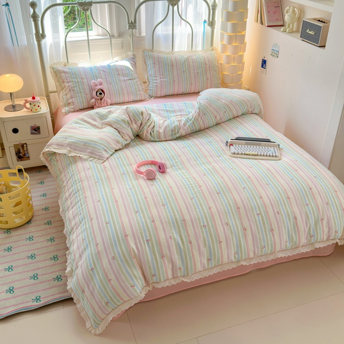 91家纺网 家纺一手货源 找家纺 曼之夏 2025新款小清新全棉双层纱四件套 彩虹樱桃