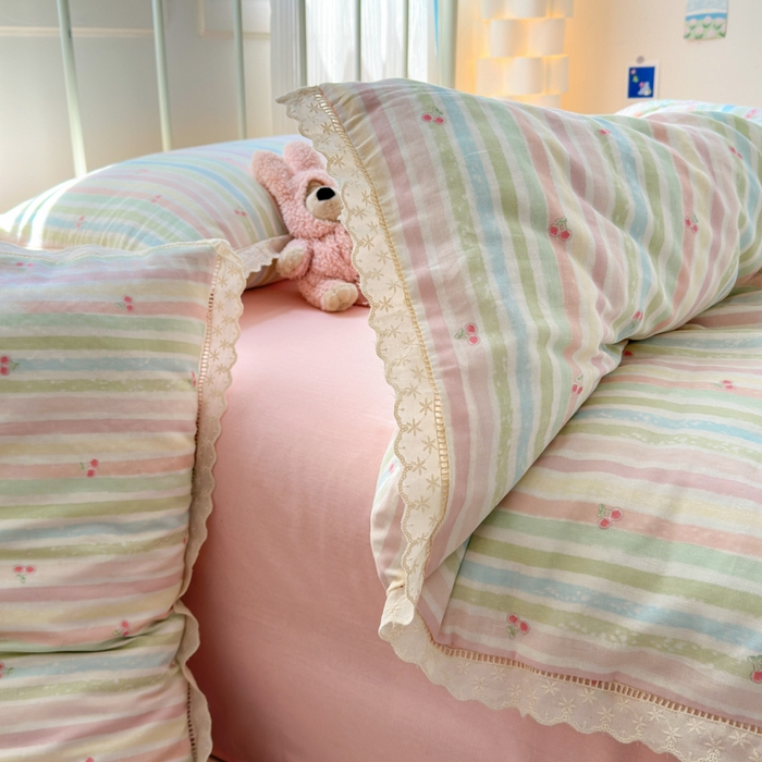 91家纺网 家纺一手货源 找家纺 曼之夏 2025新款小清新全棉双层纱四件套 彩虹樱桃