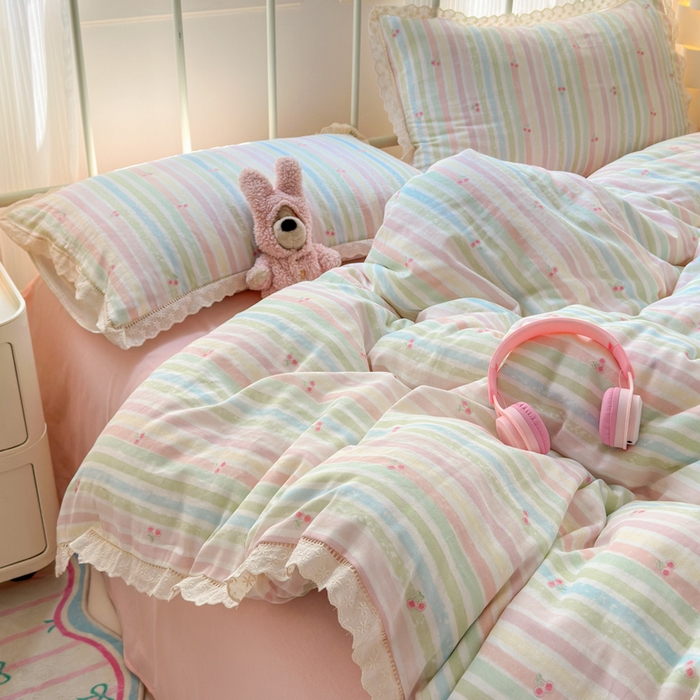 91家纺网 家纺一手货源 找家纺 曼之夏 2025新款小清新全棉双层纱四件套 彩虹樱桃