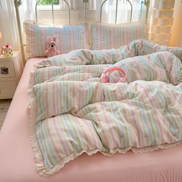 91家纺网 家纺一手货源 找家纺 曼之夏 2025新款小清新全棉双层纱四件套 彩虹樱桃