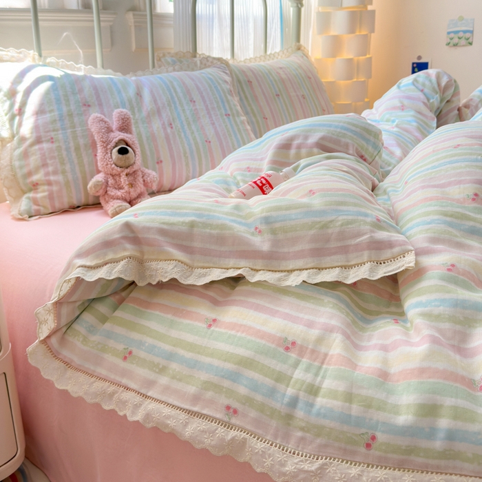 91家纺网 家纺一手货源 找家纺 曼之夏 2025新款小清新全棉双层纱四件套 彩虹樱桃