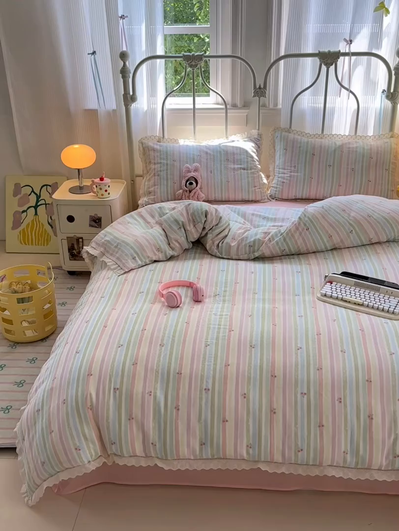 91家纺网 家纺一手货源 找家纺 曼之夏 2025新款小清新全棉双层纱四件套 彩虹樱桃