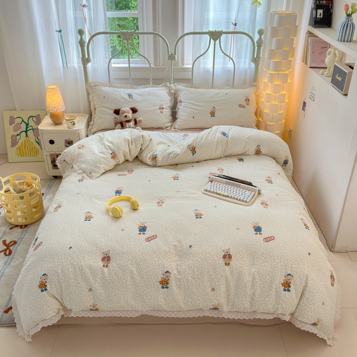 91家纺网 家纺一手货源 找家纺 曼之夏 2025新款小清新全棉双层纱四件套 春日熊