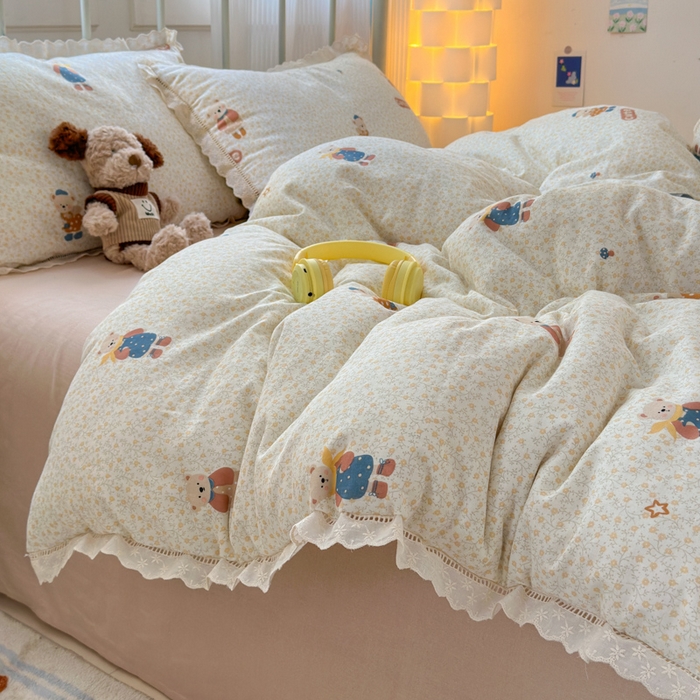 91家纺网 家纺一手货源 找家纺 曼之夏 2025新款小清新全棉双层纱四件套 春日熊