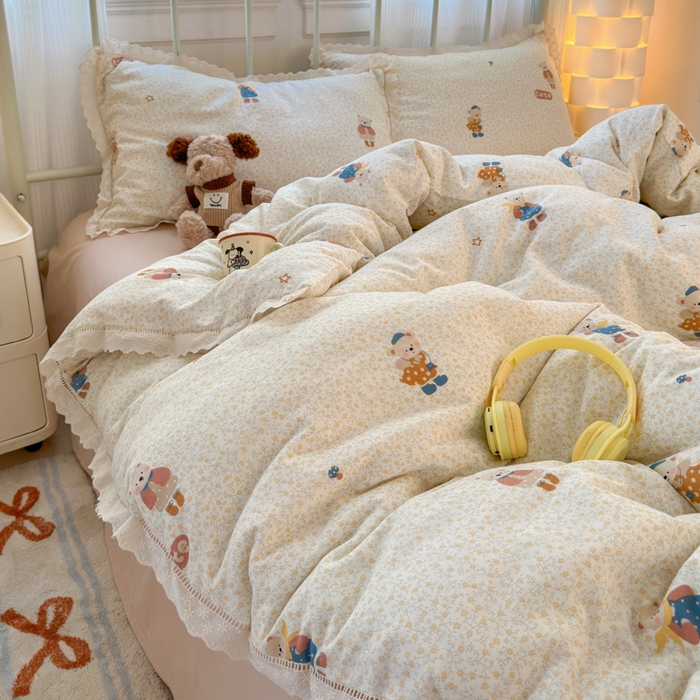 91家纺网 家纺一手货源 找家纺 曼之夏 2025新款小清新全棉双层纱四件套 春日熊