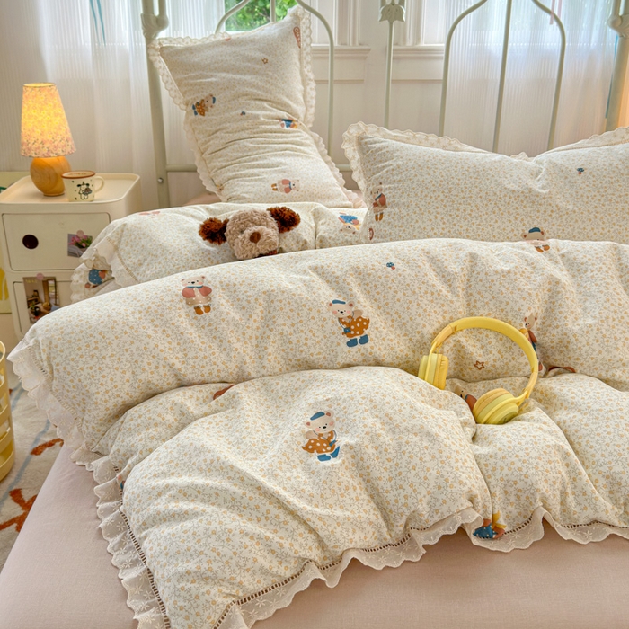 91家纺网 家纺一手货源 找家纺 曼之夏 2025新款小清新全棉双层纱四件套 春日熊