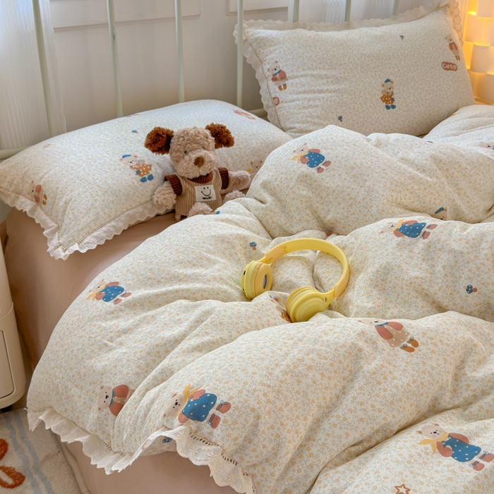 91家纺网 家纺一手货源 找家纺 曼之夏 2025新款小清新全棉双层纱四件套 春日熊