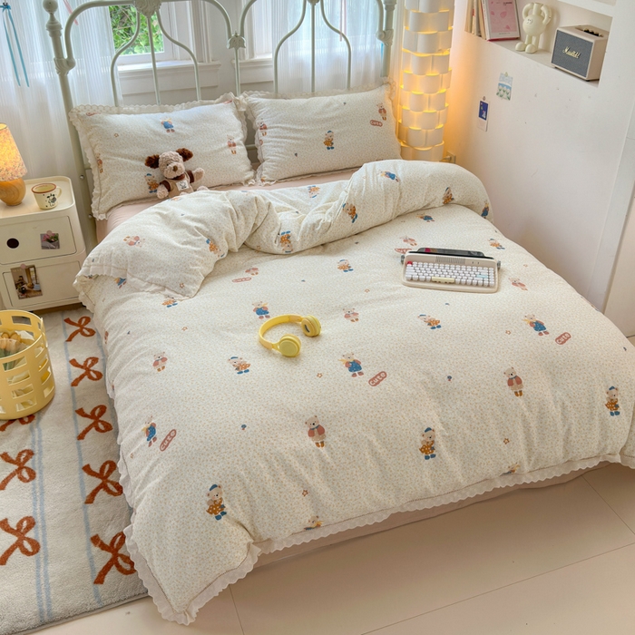 91家纺网 家纺一手货源 找家纺 曼之夏 2025新款小清新全棉双层纱四件套 春日熊