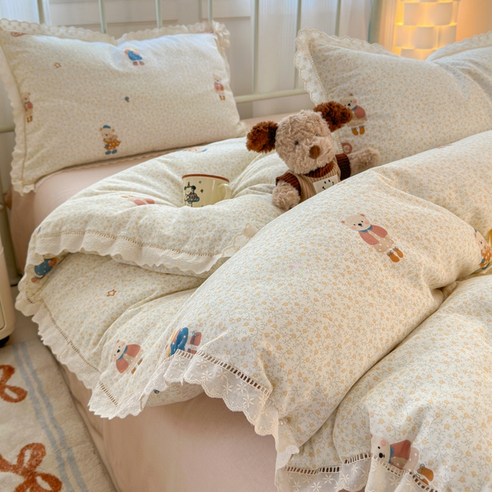 曼之夏 2025新款小清新全棉双层纱四件套 春日熊