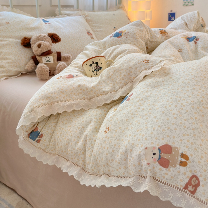 91家纺网 家纺一手货源 找家纺 曼之夏 2025新款小清新全棉双层纱四件套 春日熊