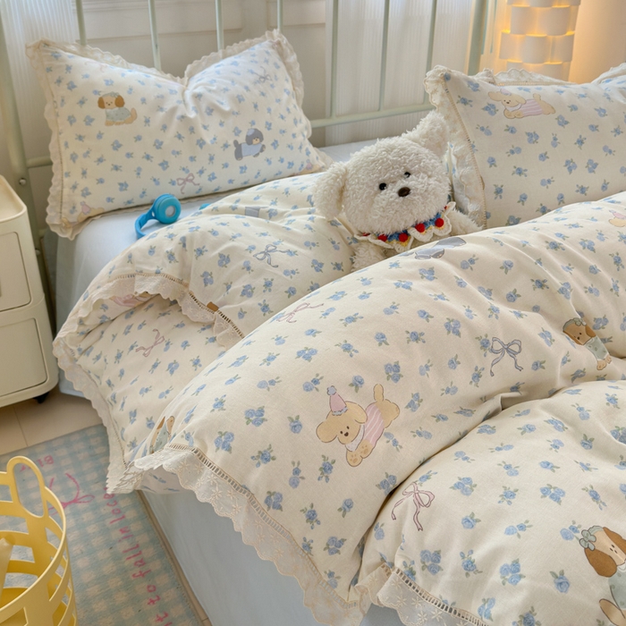 91家纺网 家纺一手货源 找家纺 曼之夏 2025新款小清新全棉双层纱四件套 哈基米