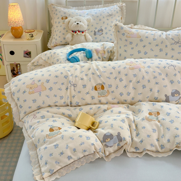 91家纺网 家纺一手货源 找家纺 曼之夏 2025新款小清新全棉双层纱四件套 哈基米