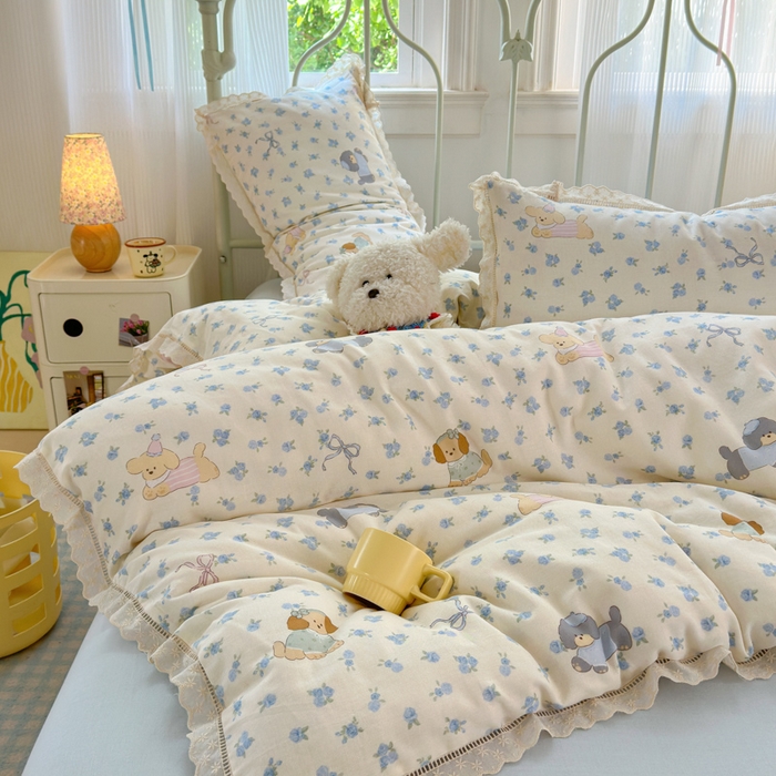 91家纺网 家纺一手货源 找家纺 曼之夏 2025新款小清新全棉双层纱四件套 哈基米