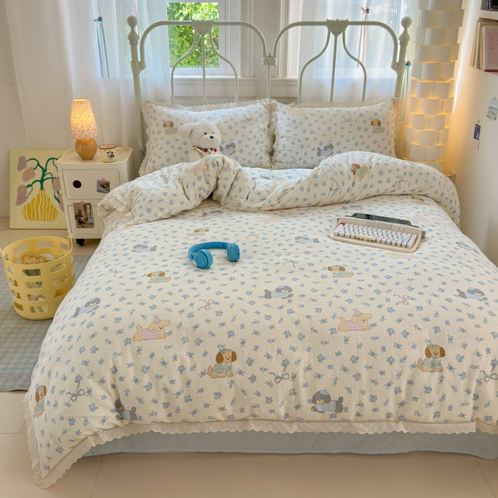 91家纺网 家纺一手货源 找家纺 曼之夏 2025新款小清新全棉双层纱四件套 哈基米