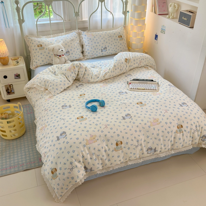 91家纺网 家纺一手货源 找家纺 曼之夏 2025新款小清新全棉双层纱四件套 哈基米