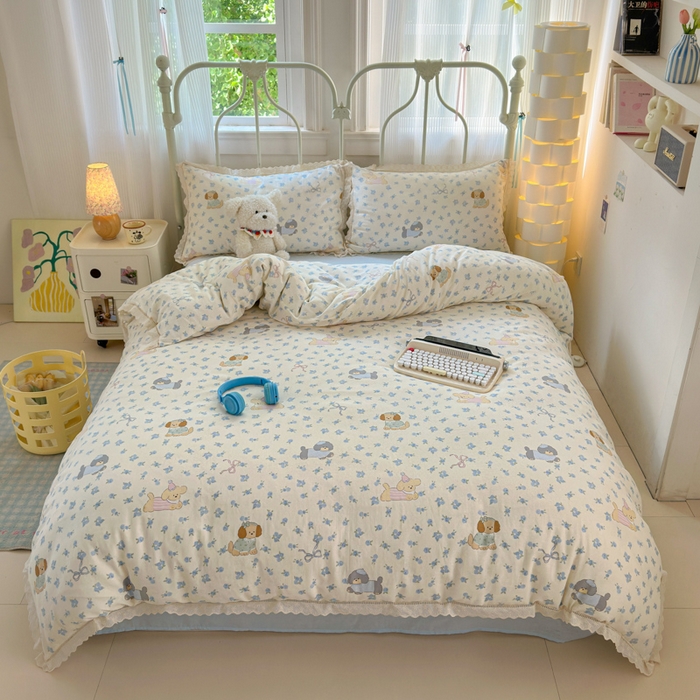 91家纺网 家纺一手货源 找家纺 曼之夏 2025新款小清新全棉双层纱四件套 哈基米