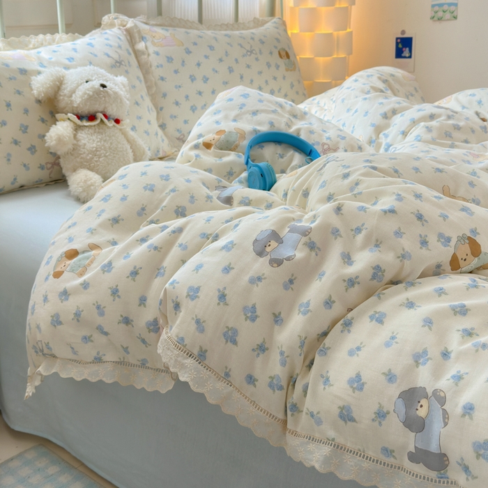 91家纺网 家纺一手货源 找家纺 曼之夏 2025新款小清新全棉双层纱四件套 哈基米