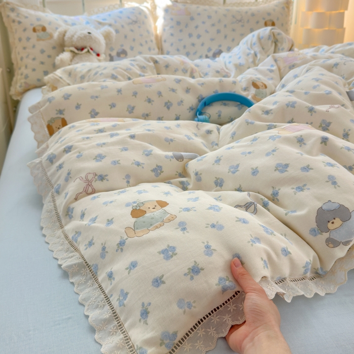 91家纺网 家纺一手货源 找家纺 曼之夏 2025新款小清新全棉双层纱四件套 哈基米