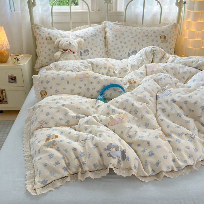 91家纺网 家纺一手货源 找家纺 曼之夏 2025新款小清新全棉双层纱四件套 哈基米