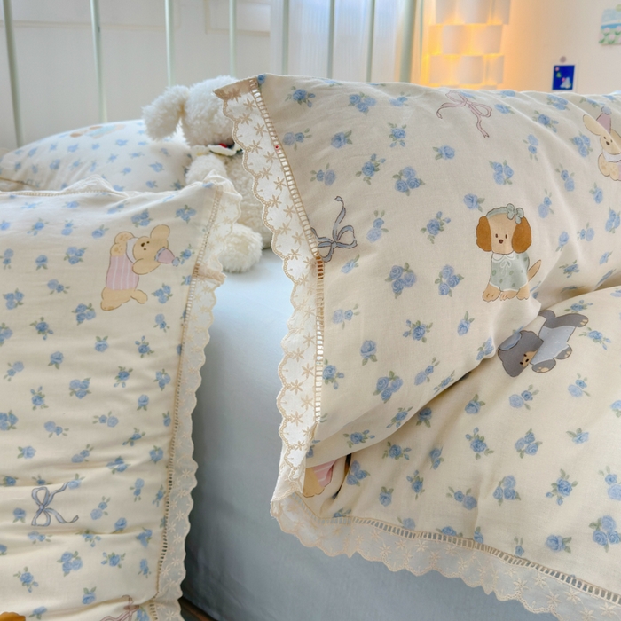 91家纺网 家纺一手货源 找家纺 曼之夏 2025新款小清新全棉双层纱四件套 哈基米