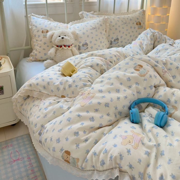 91家纺网 家纺一手货源 找家纺 曼之夏 2025新款小清新全棉双层纱四件套 哈基米